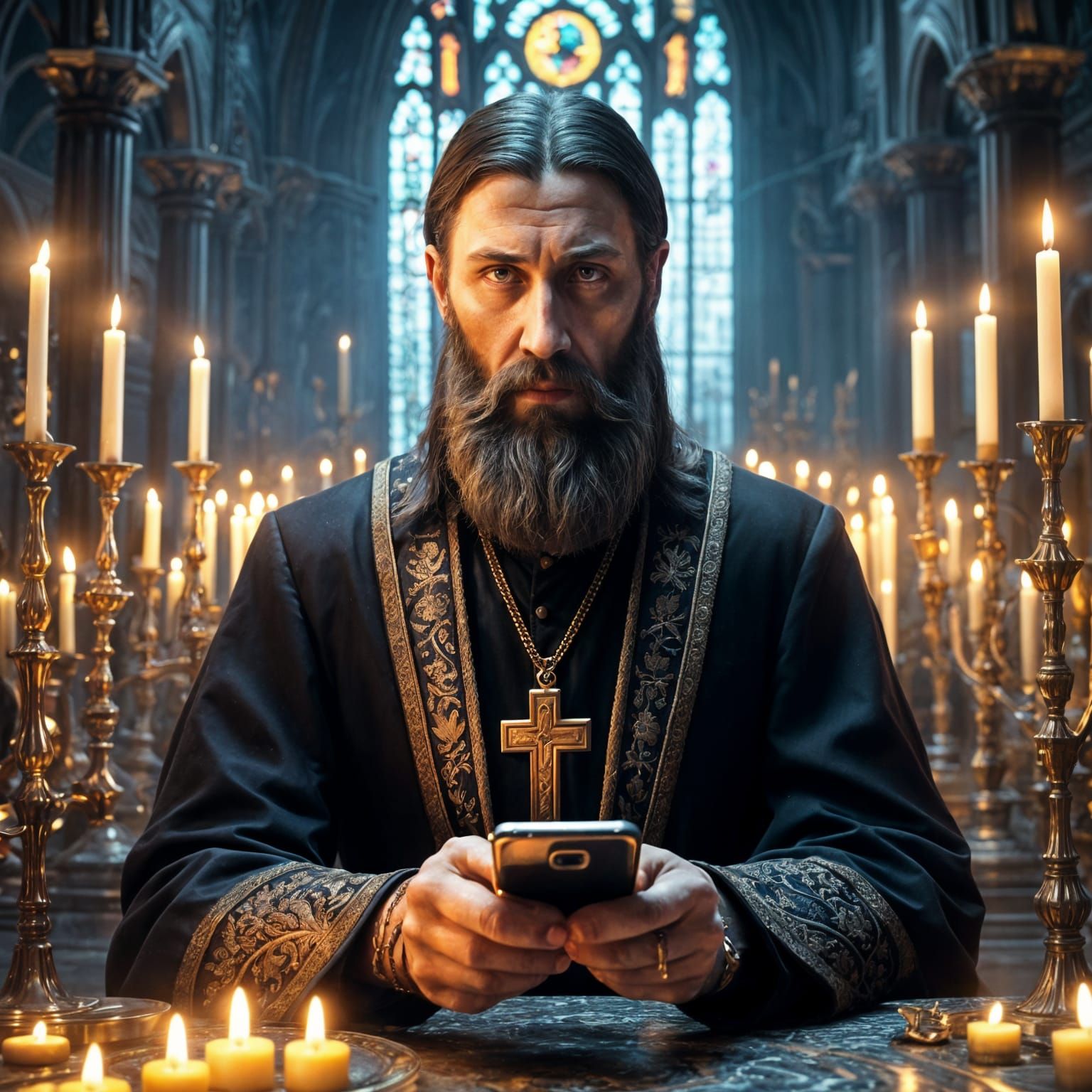 Rasputin Smartphone Portrait in Hyperrealistic Style