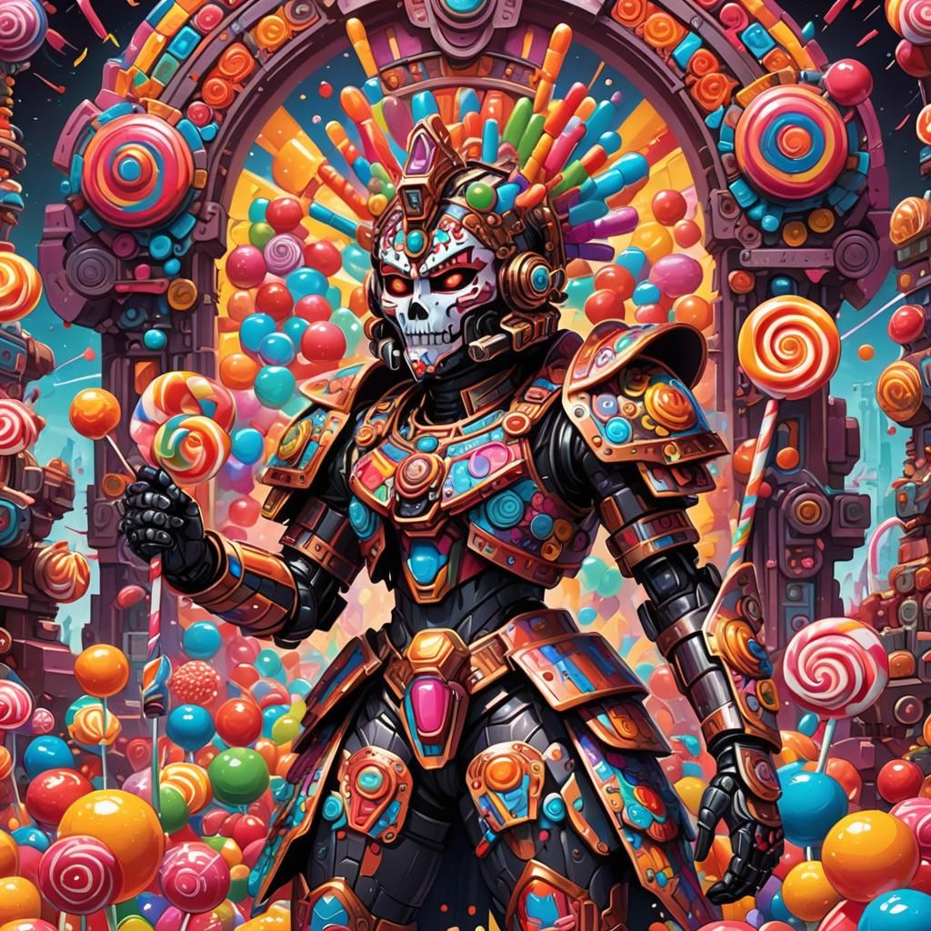 Mechanical Aztec Waifu in Candy Land: Digital Illustration