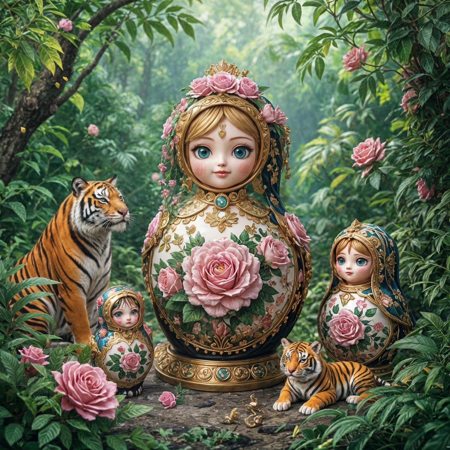 Russian Dolls with Roses in Anime Style