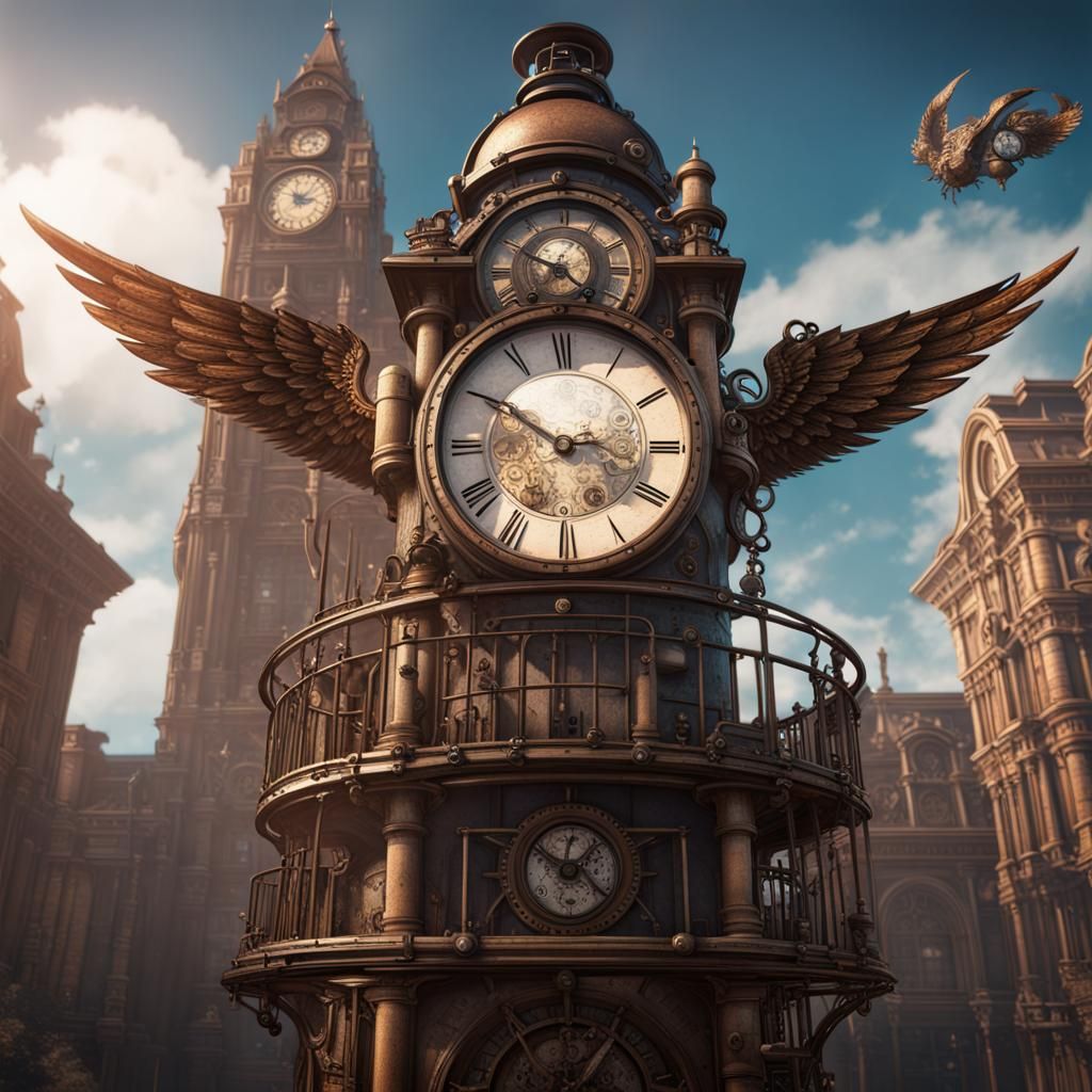 Flying Steampunk Clock Tower in Detailed Matte Painting