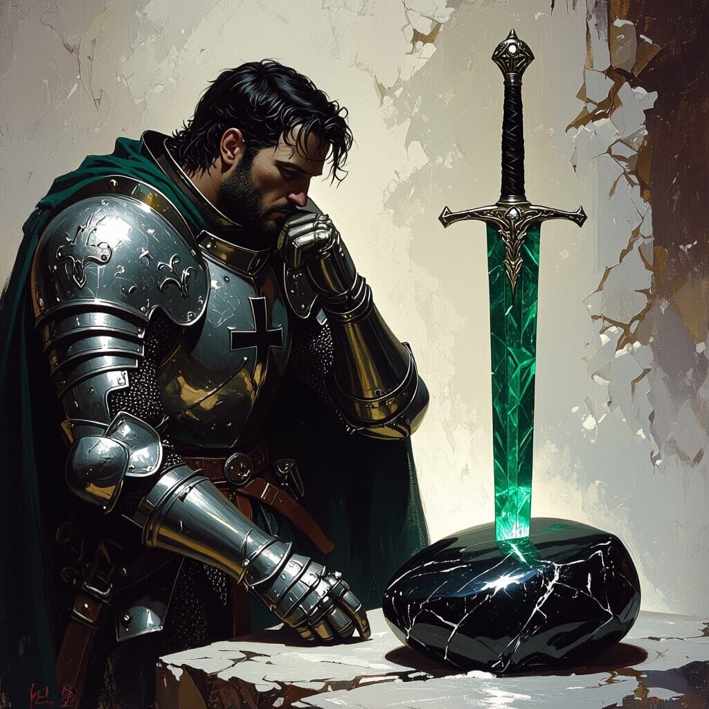 Knight and Emerald Sword in Obsidian Stone