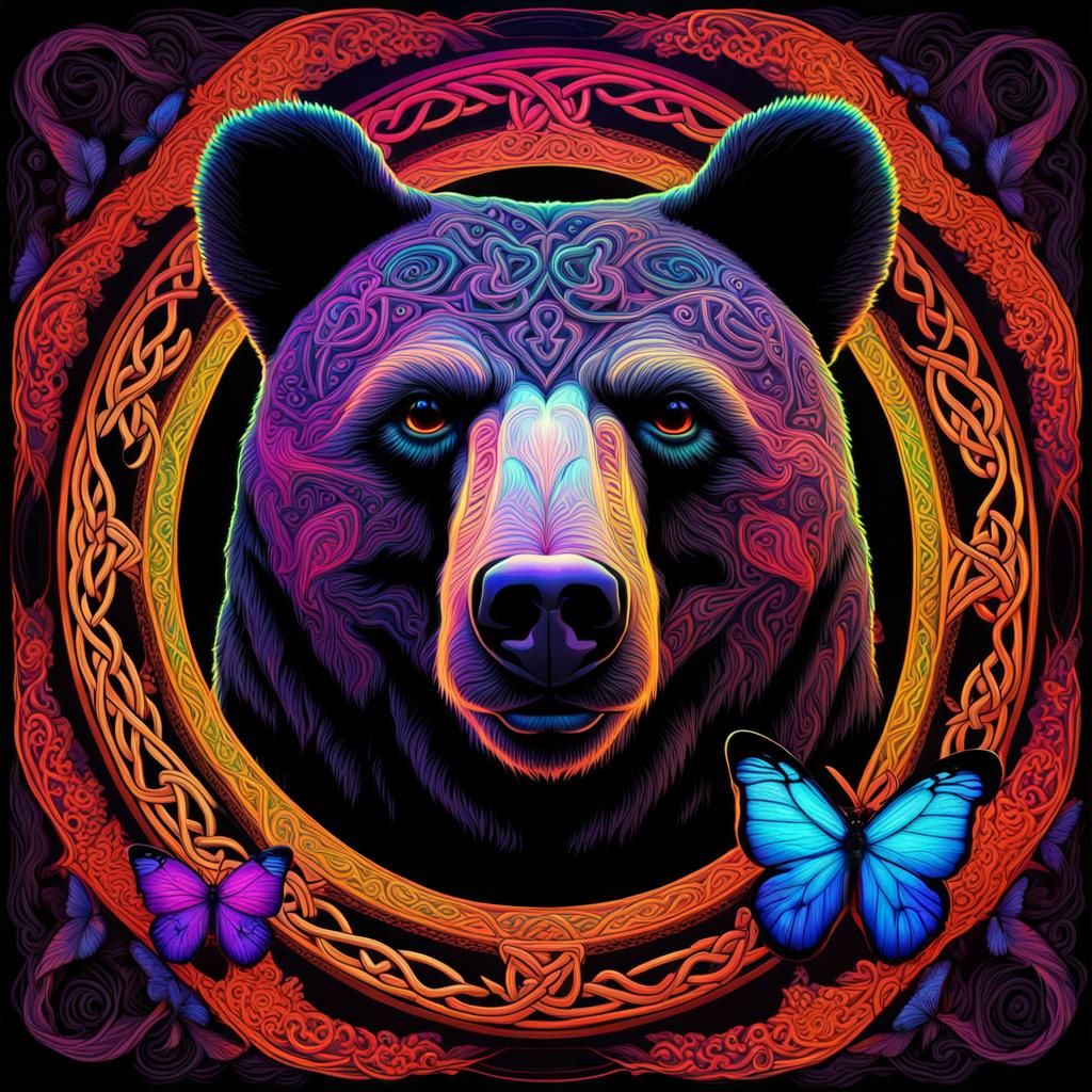 Psychedelic Black Light Celtic Bear Abstraction