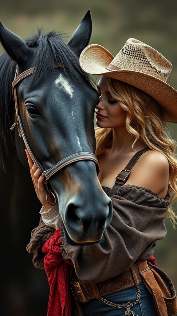 Cowgirl Embraces Stardust Stallion in Hyperrealistic Style