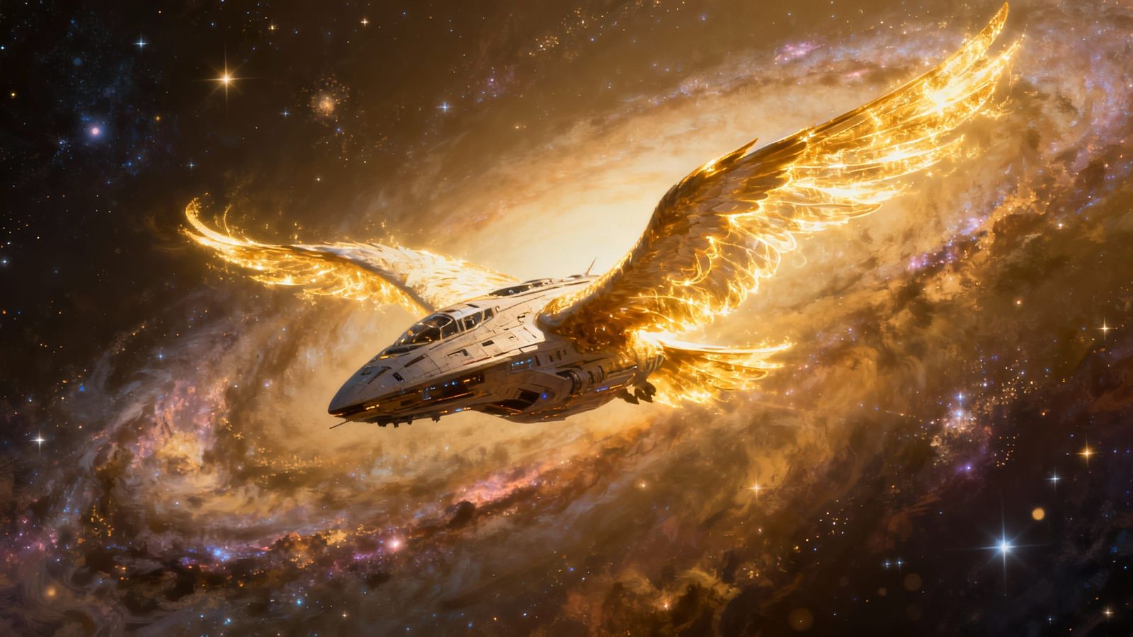 Majestic Golden Spaceship Soars Through Vibrant Galaxy