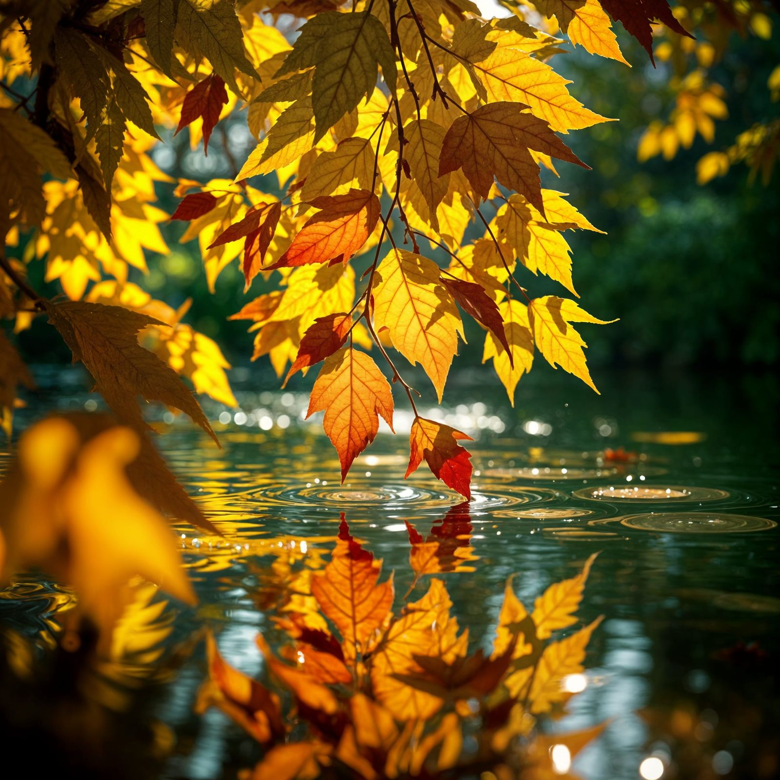 Autumn Leaves Swirl on Shimmering Water