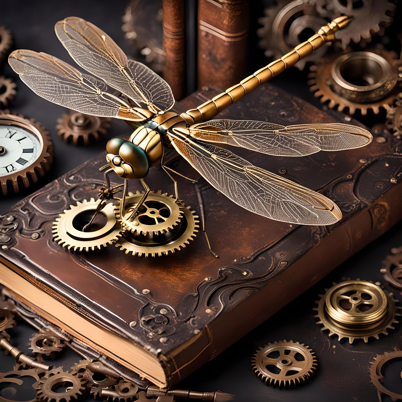 Steampunk Dragonfly on Gear Book Illustration