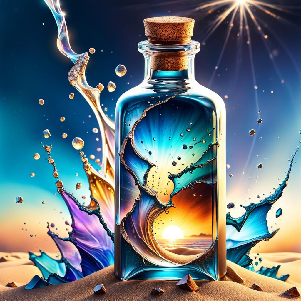 Cracked Bottle with Glittering Liquid