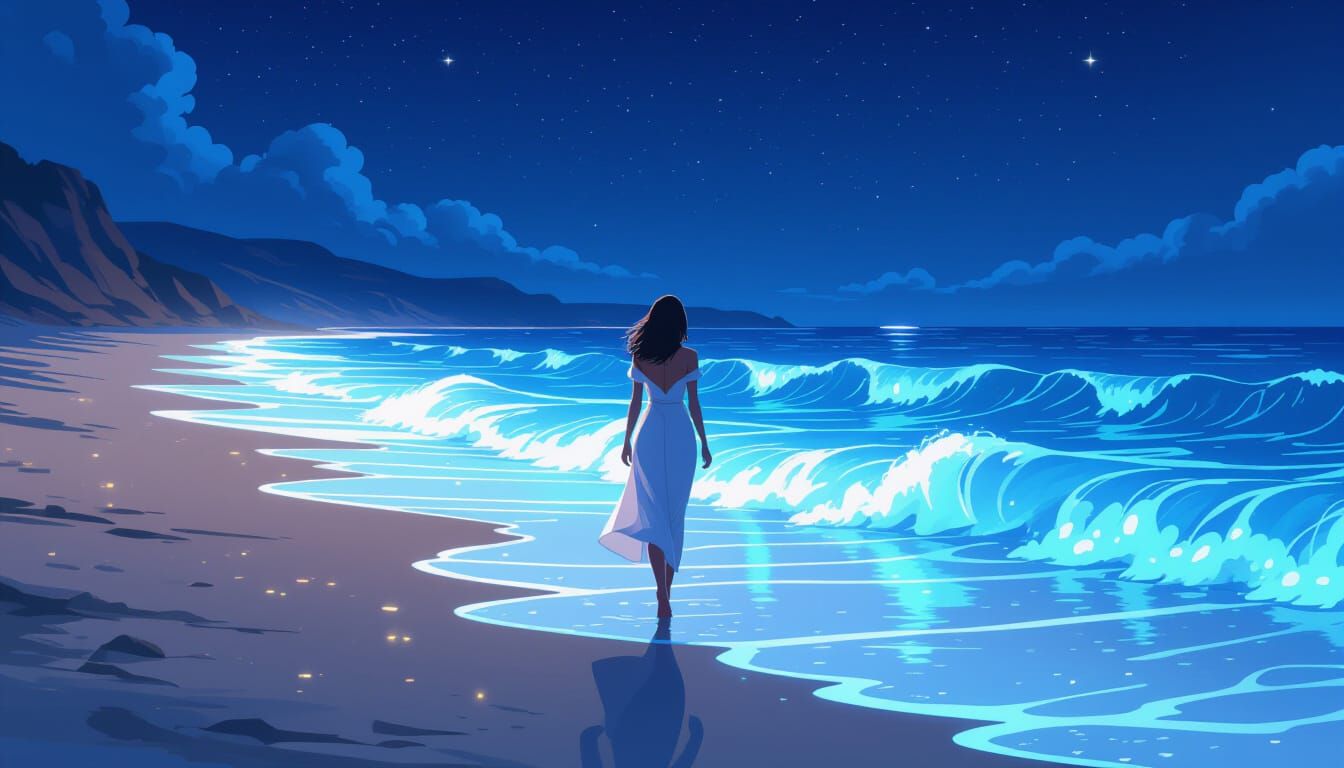 Bioluminescent Waves on a Starlit Night