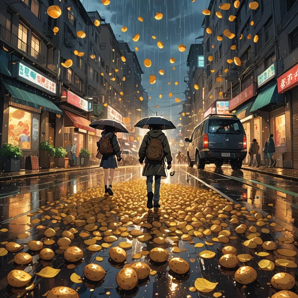 Potatoes Rain Down in Anime Cityscape