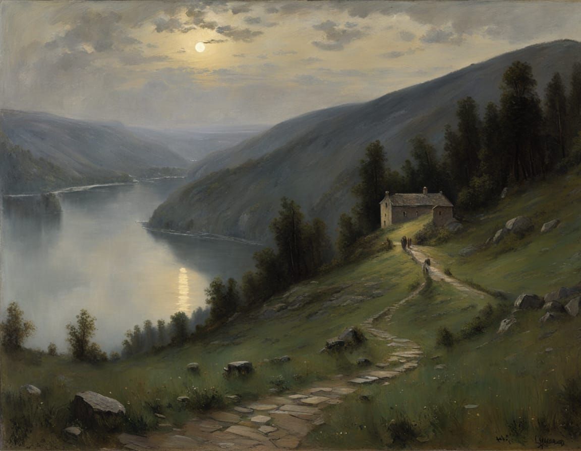 Mountain Village Waterfall Painting in Tonalist Style