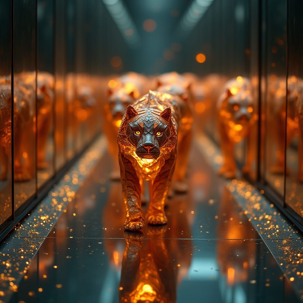 Origami Tiger in Mirrored Hallway: Sci-Fi Paper Art