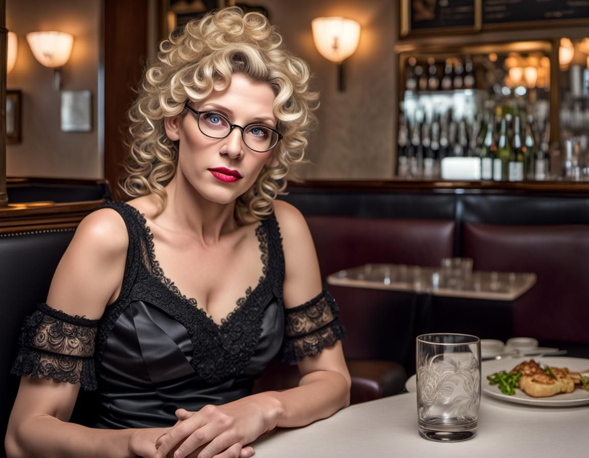Crossdresser in Cocktail Dress at Restaurant, HDR