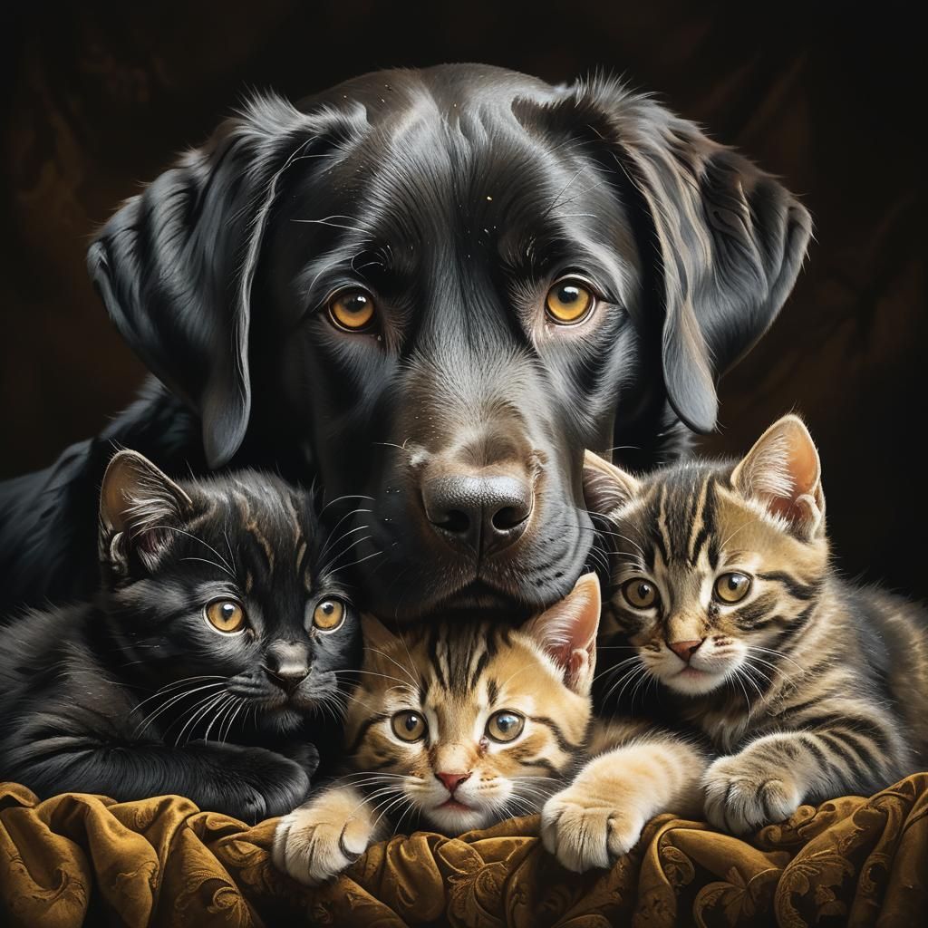 Labrador and Kittens: Baroque Portrait in Dramatic Light