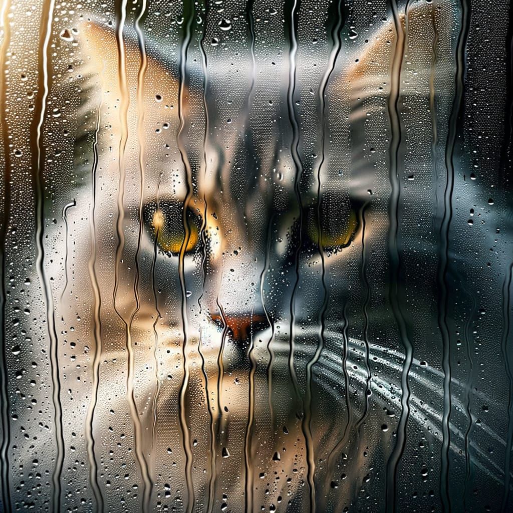 Misted Window View: Feline in Rain