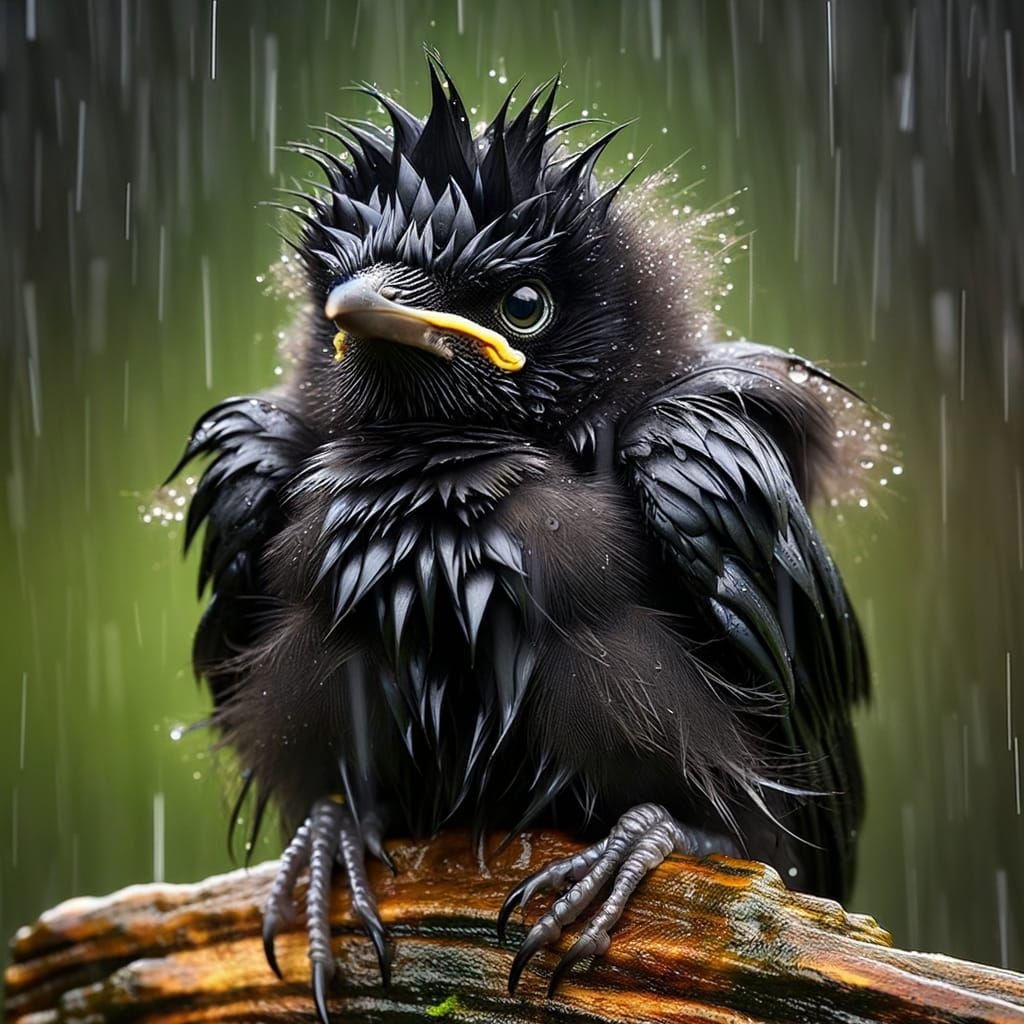 Gothic Raven Fledgling in Rain as Gargoyle
