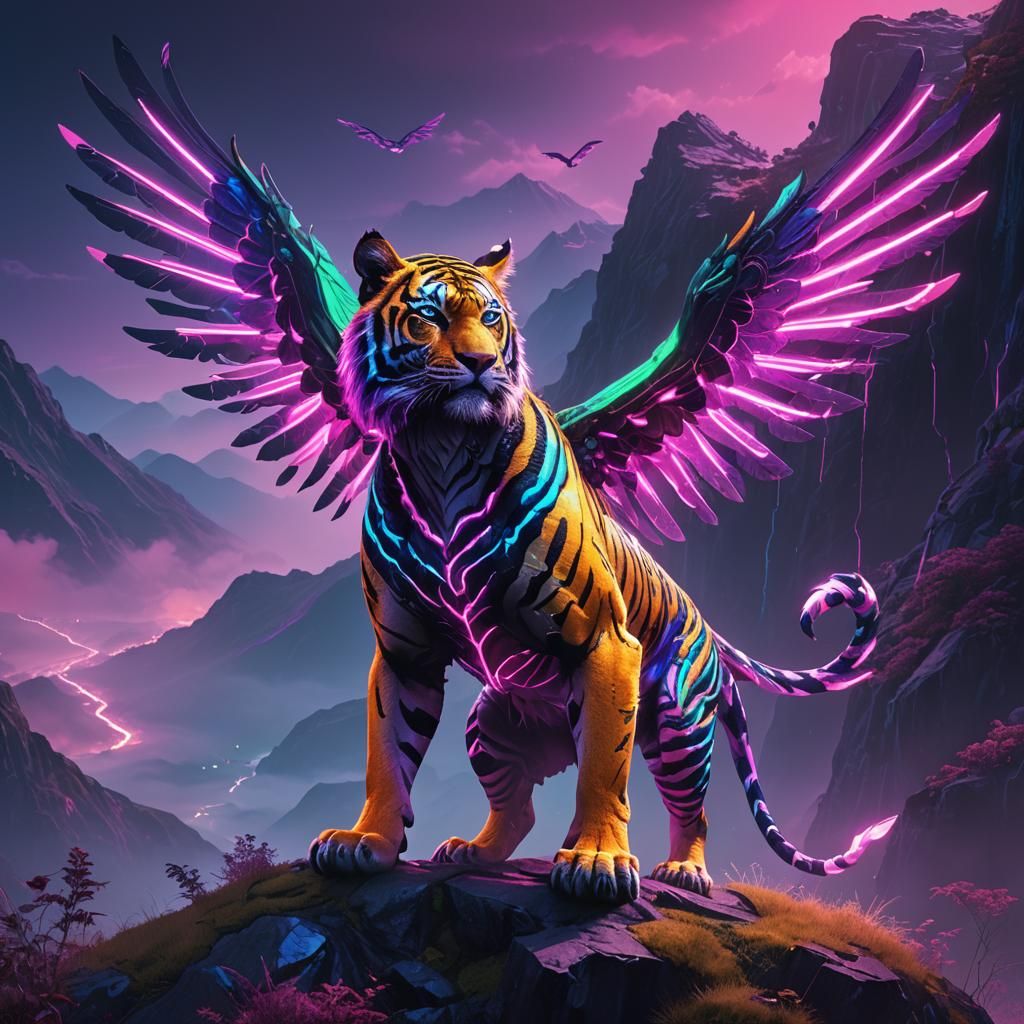 Neon Winged Tiger on Misty Mountain Edge