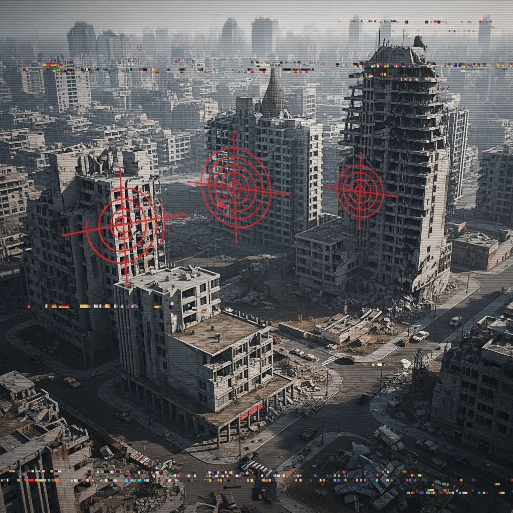 Dystopian Cityscape with Targeting Grids and Glitch Effects