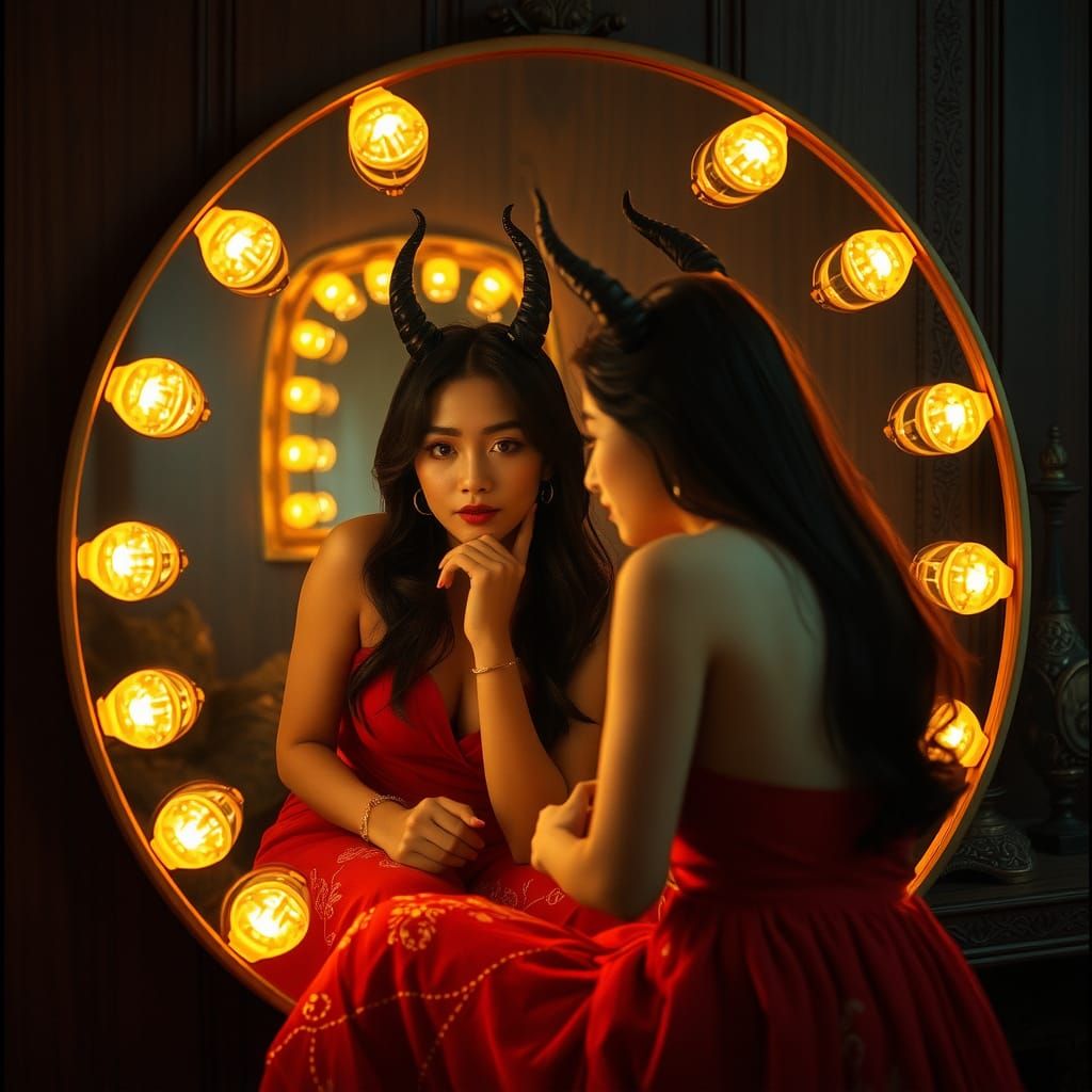 Asian Woman and Demonic Reflection in Mirror