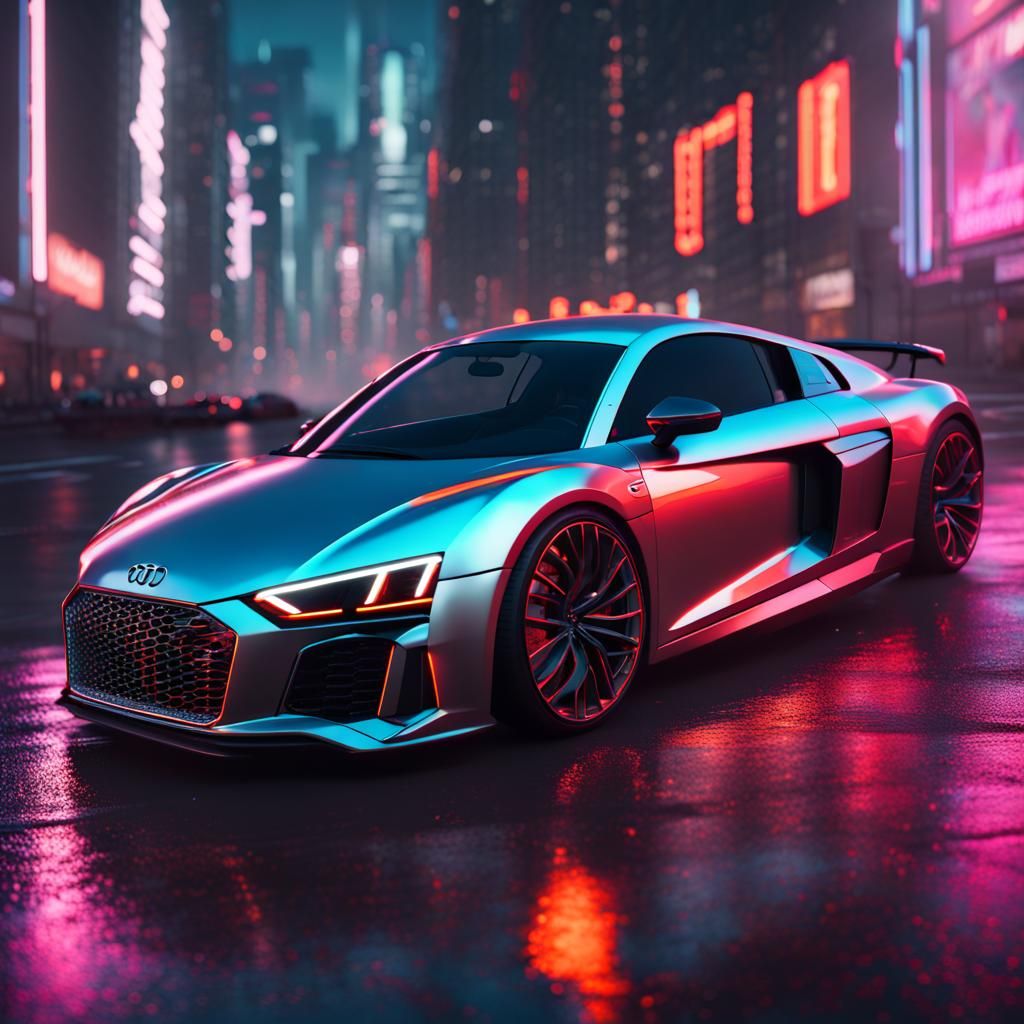 Futuristic Neon Cityscape: Silver Electric Audi R8