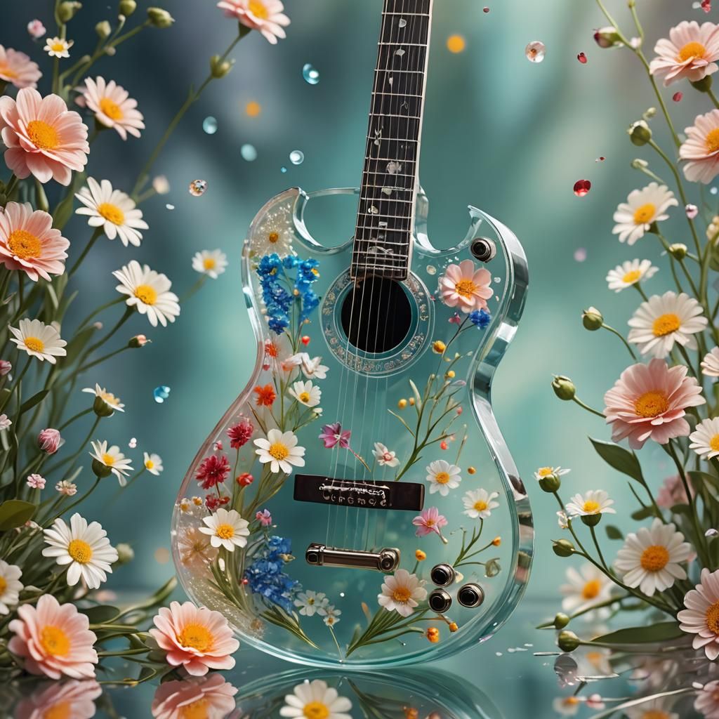 Glass Guitar with Floral Inlay in Hyperrealistic Style