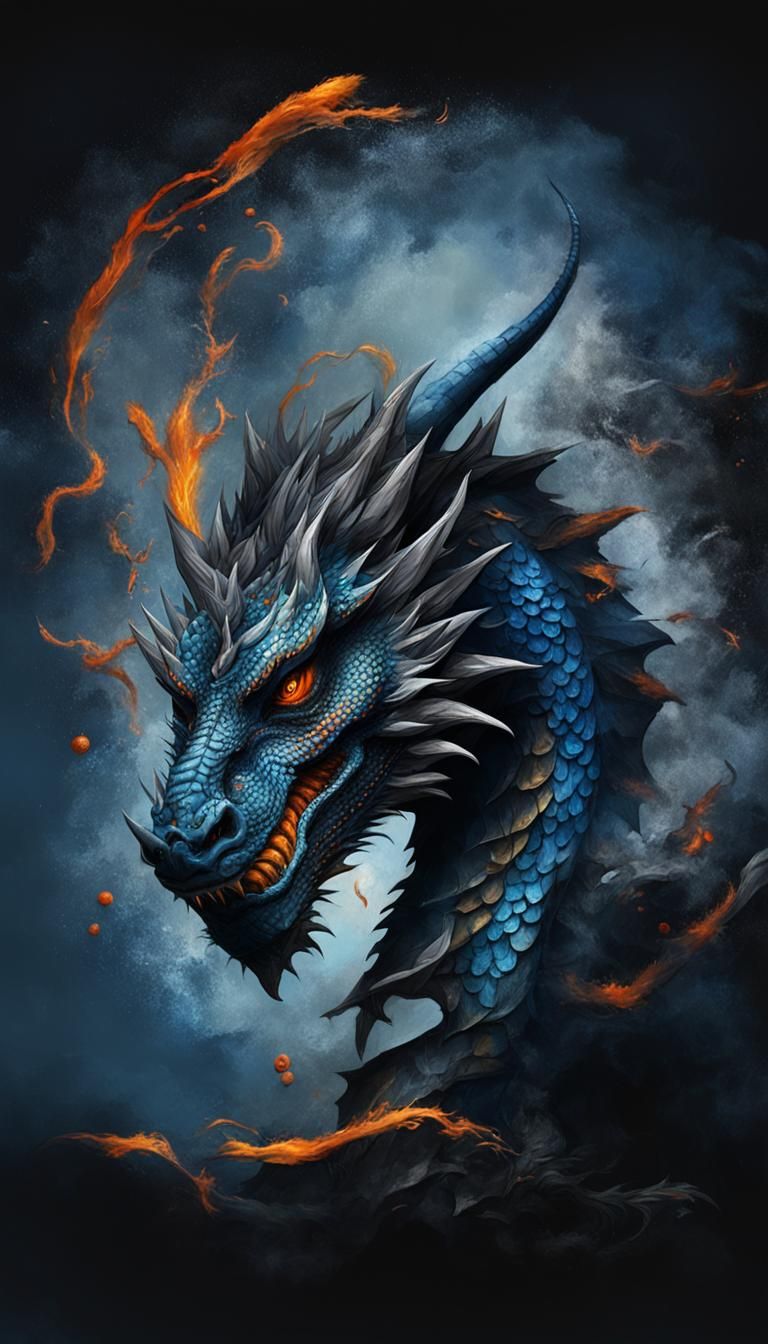 Steel Blue Dragon with Orange Plumes, Digital Art