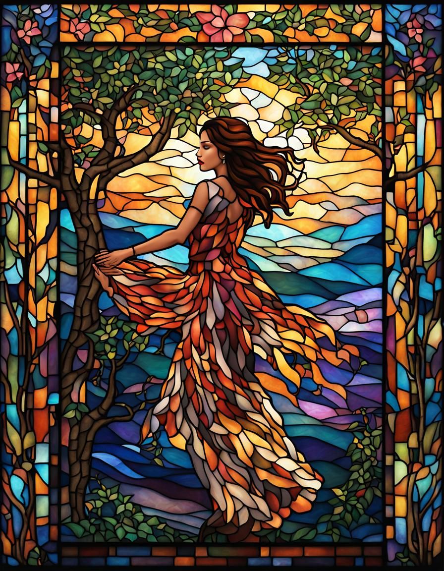 Cinematic Pop up stained glass, mosaic, fantasy girl  dancin...