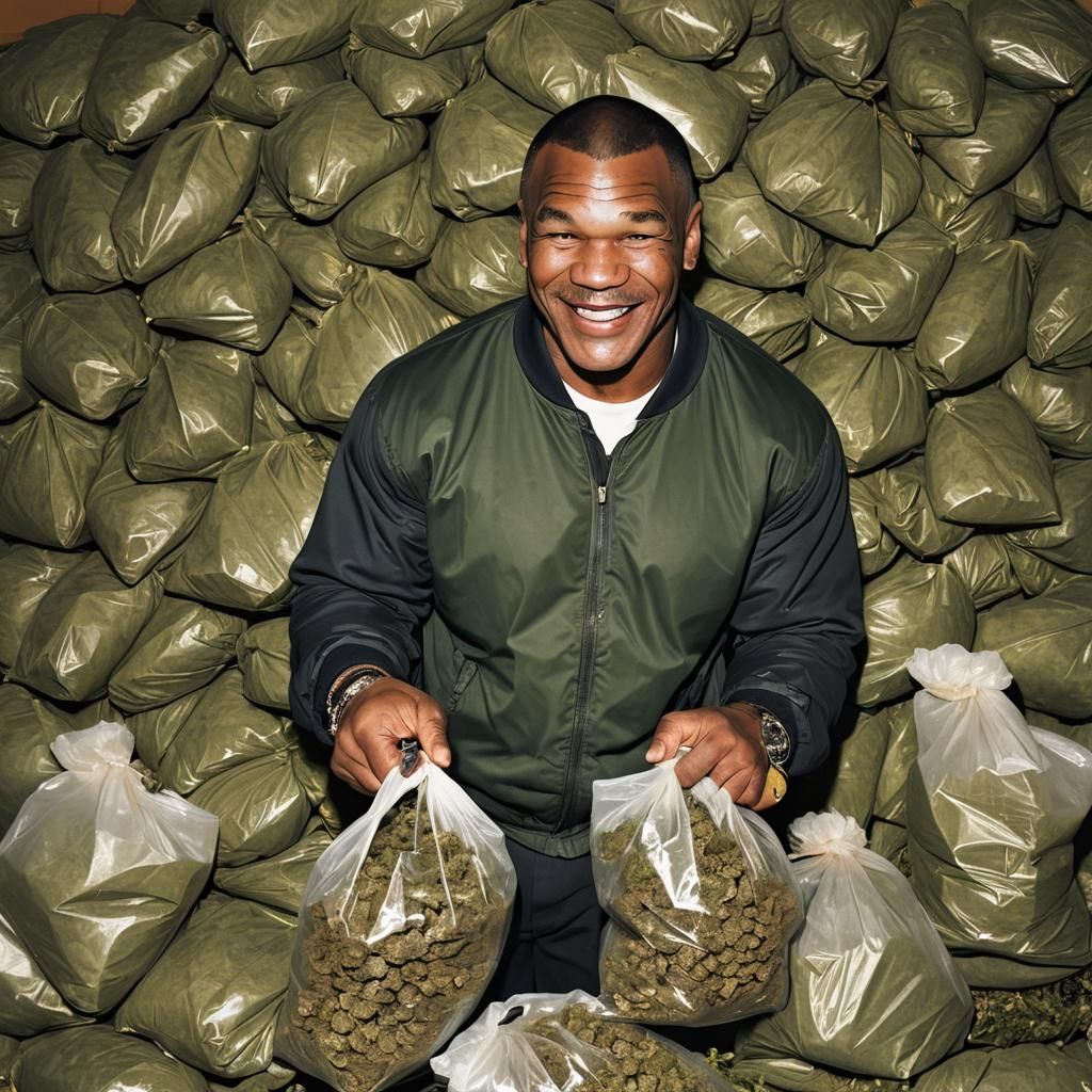 Mike Tyson Smiling with Bags of Weed