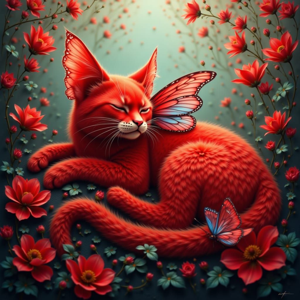 Whimsical Red Cat-erpillar with Butterfly Wings