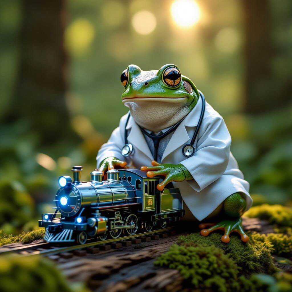 Wise Frog Doctor Examines Futuristic Train in Hyperrealistic...