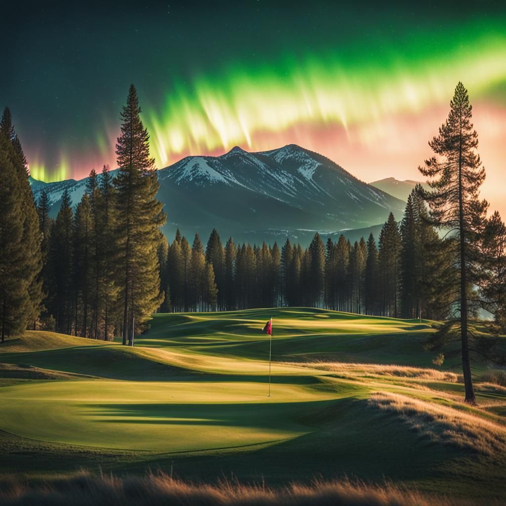 Golf Course Under Northern Lights, Cinematic Film Still