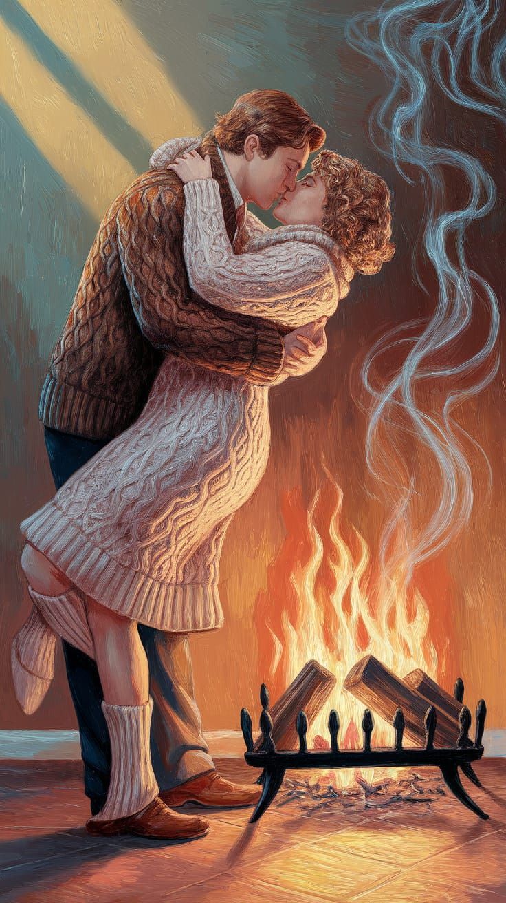 Romantic Embrace by Firelight: Art Nouveau Style