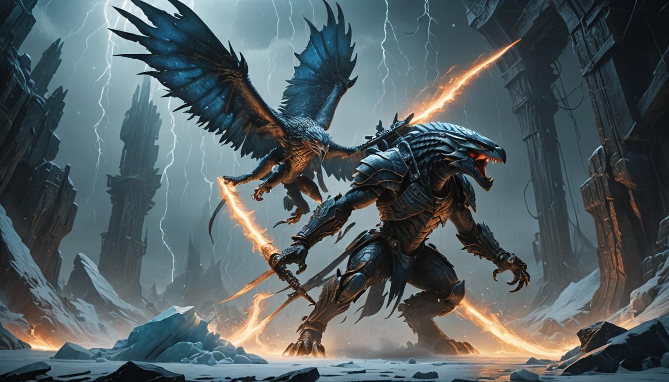 Hunter Predator Versus Ice Hawk in Dark Fantasy Style