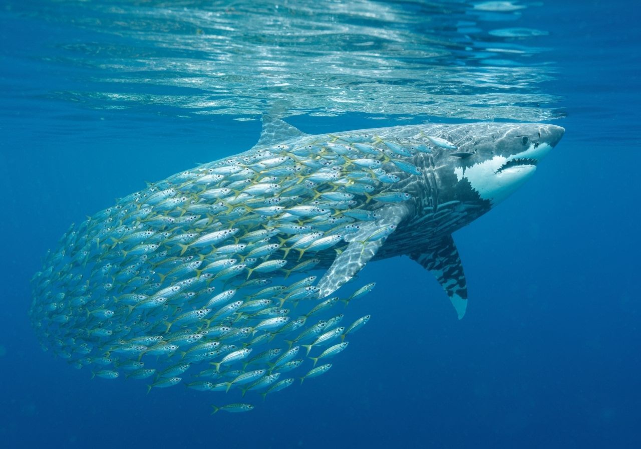 Mackerel Shoal Forms Shark Shape Underwater