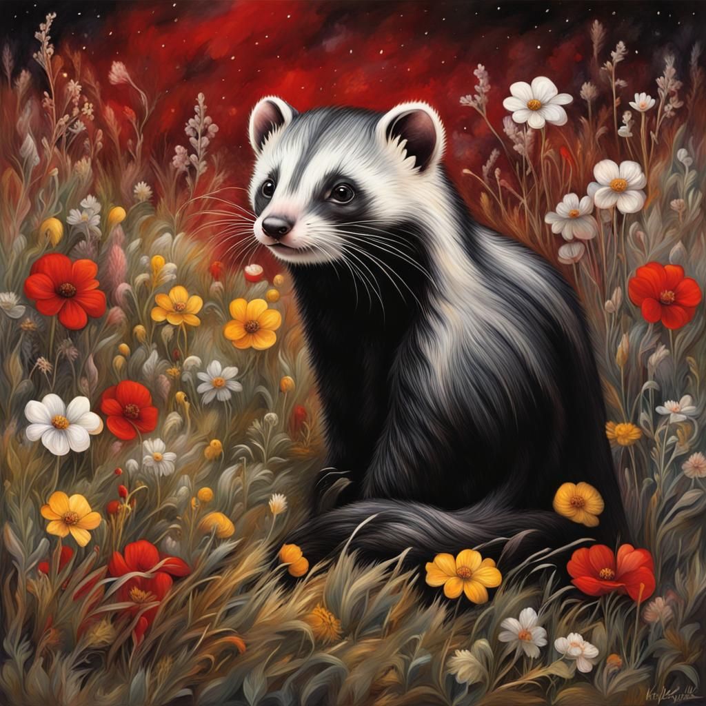 Vibrant Polecat Roams Meadow in Graffiti Art