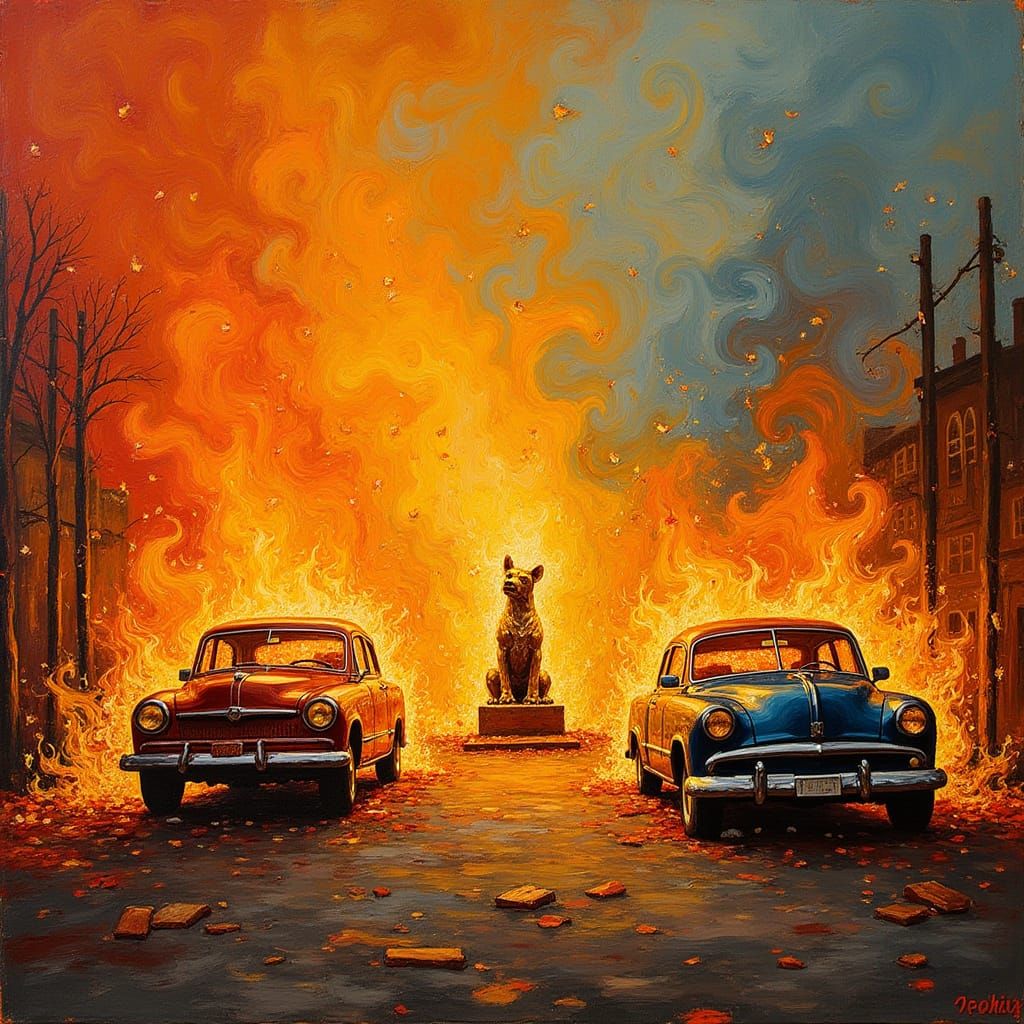 Vibrant Flames Engulf Post-Impressionist Cityscape in Van Go...