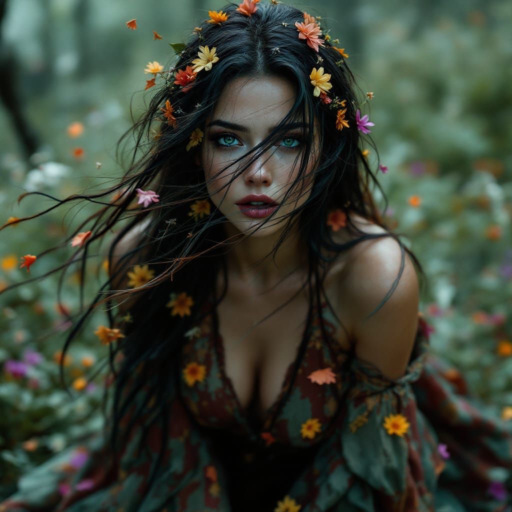 Mystical Witch with Wildflower Hair in Moody Meadow