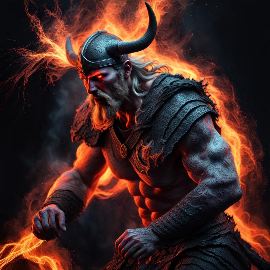 pexilated rpg beautiful handsome Viking god of fire disinteg...