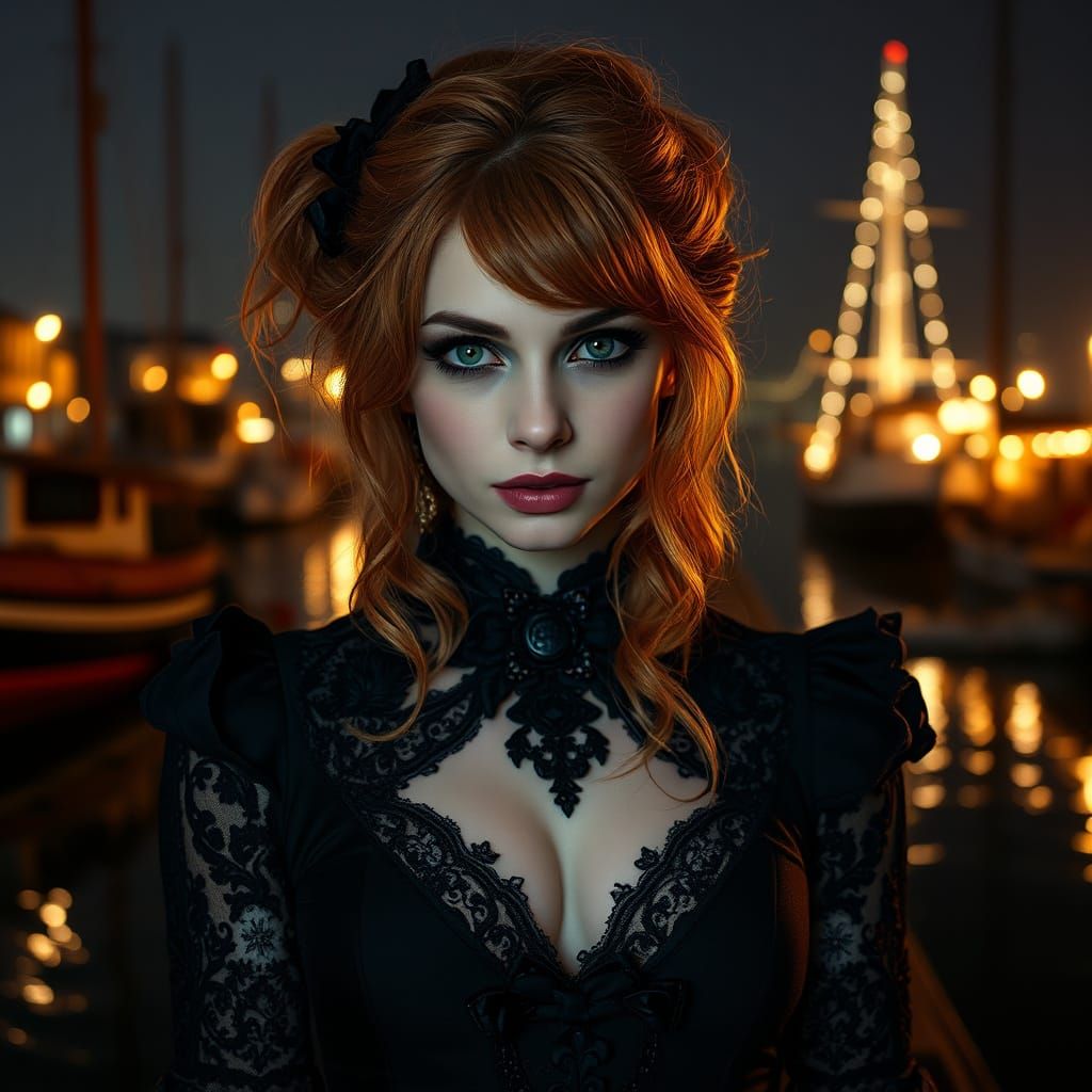 Gothic Woman with Rose Gold Hair in Harbor