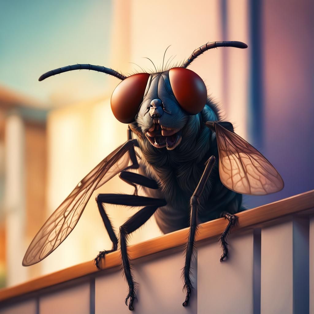 Giant Housefly on Balcony in Hyperrealistic Style