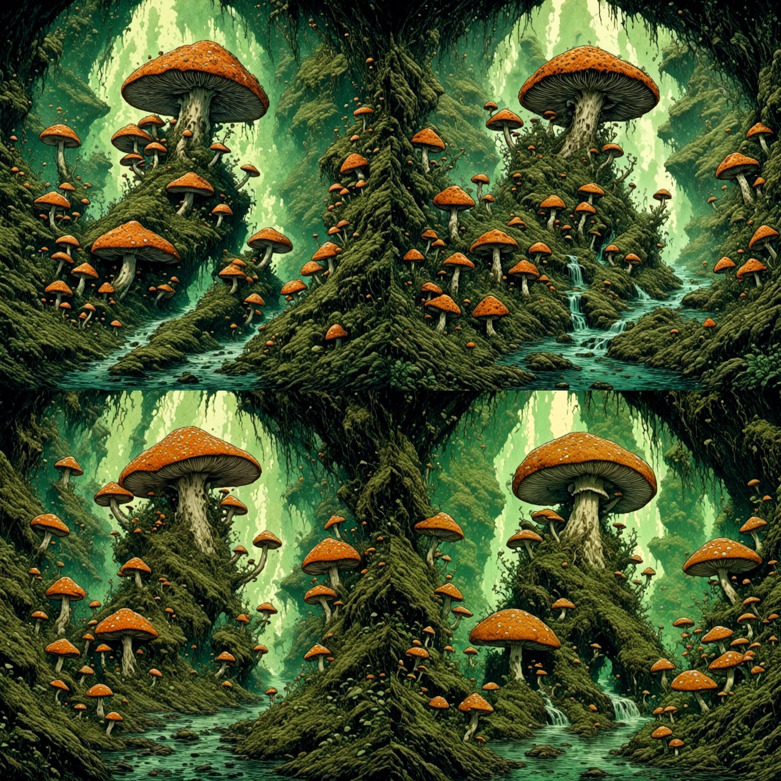 Mushroom Warrior Emerges in Fungal Cave