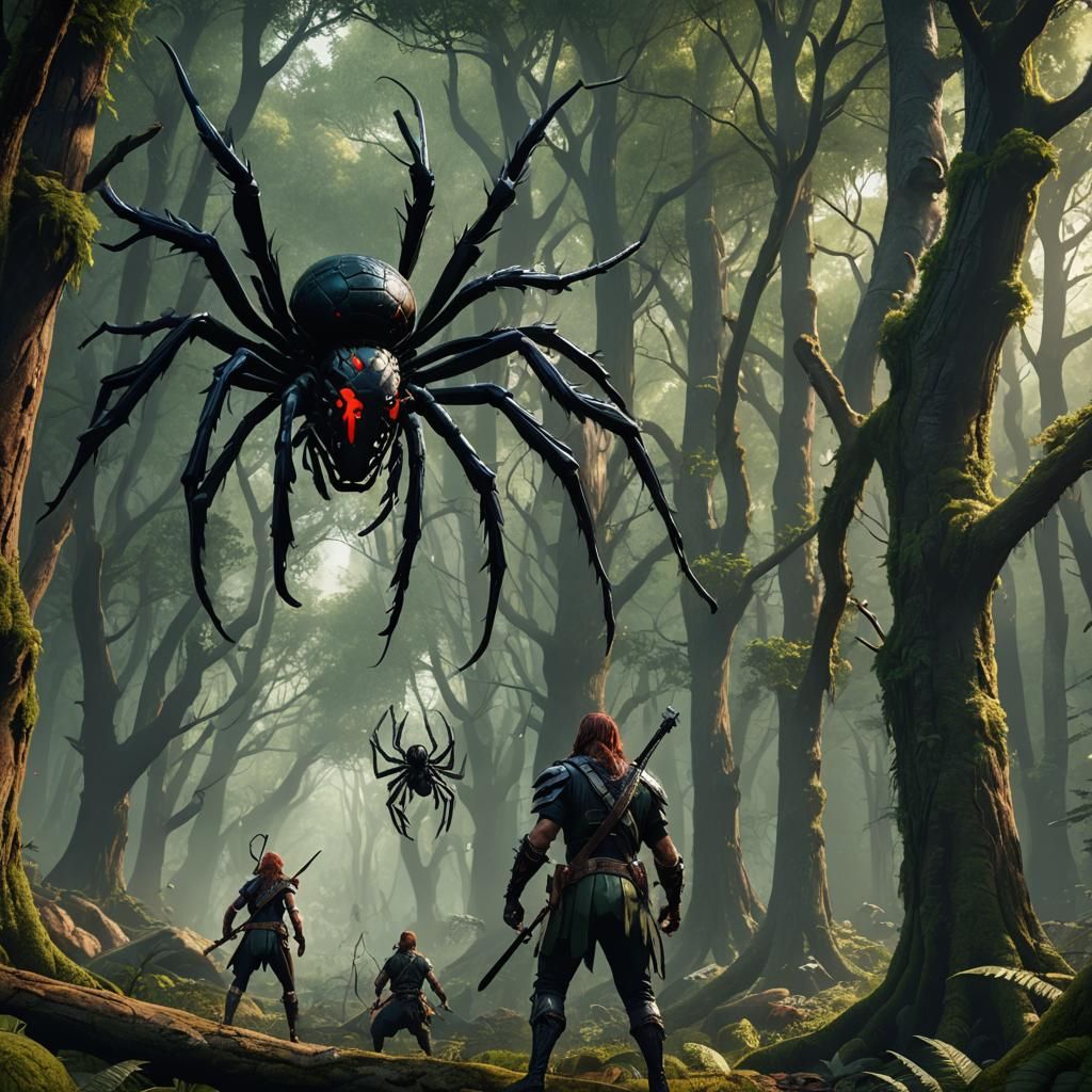 Giant Spider Attack in Green Forest, Detailed Matte Painting