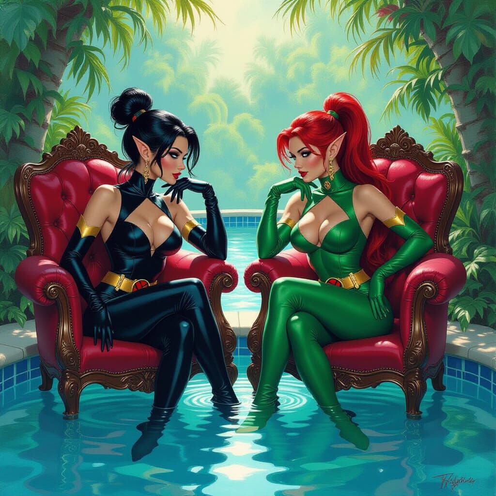 X-Men Elves Lounging Poolside as Fantasy Oil Painting