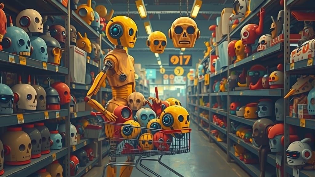 Robot Shopping for Heads in Gouache Impasto Style