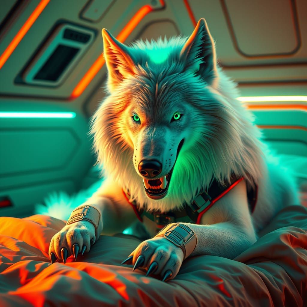 Stunning White Wolf with Green Aura in Sci-Fi Setting