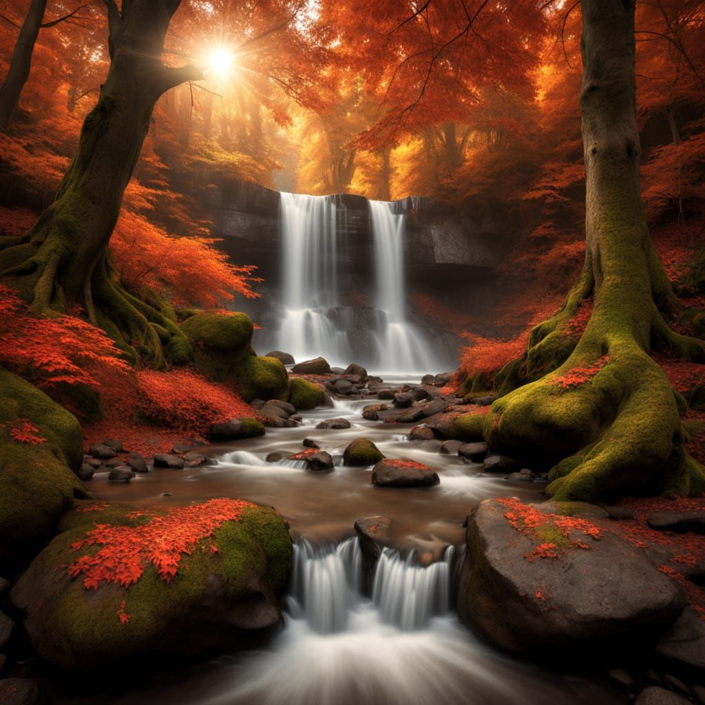 Autumn Waterfall Serenity: Concept Art