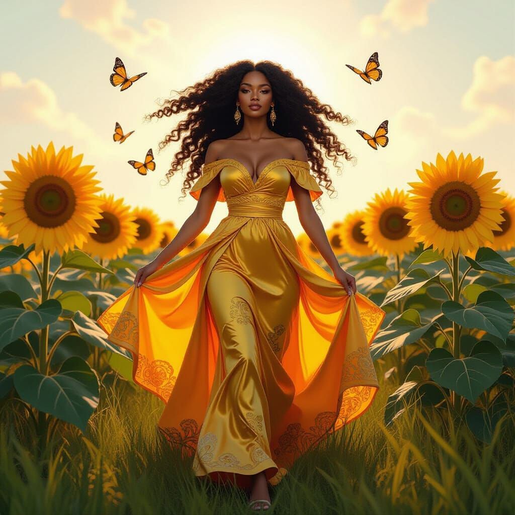 Golden Klimt Dress in Sunflower Field, Digital Painting