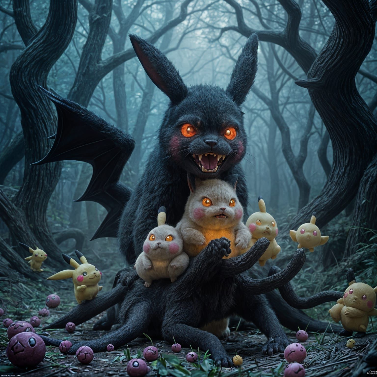 Dark Vampire Pikachu Eats Jigglypuffs: Detailed Matte Painti...