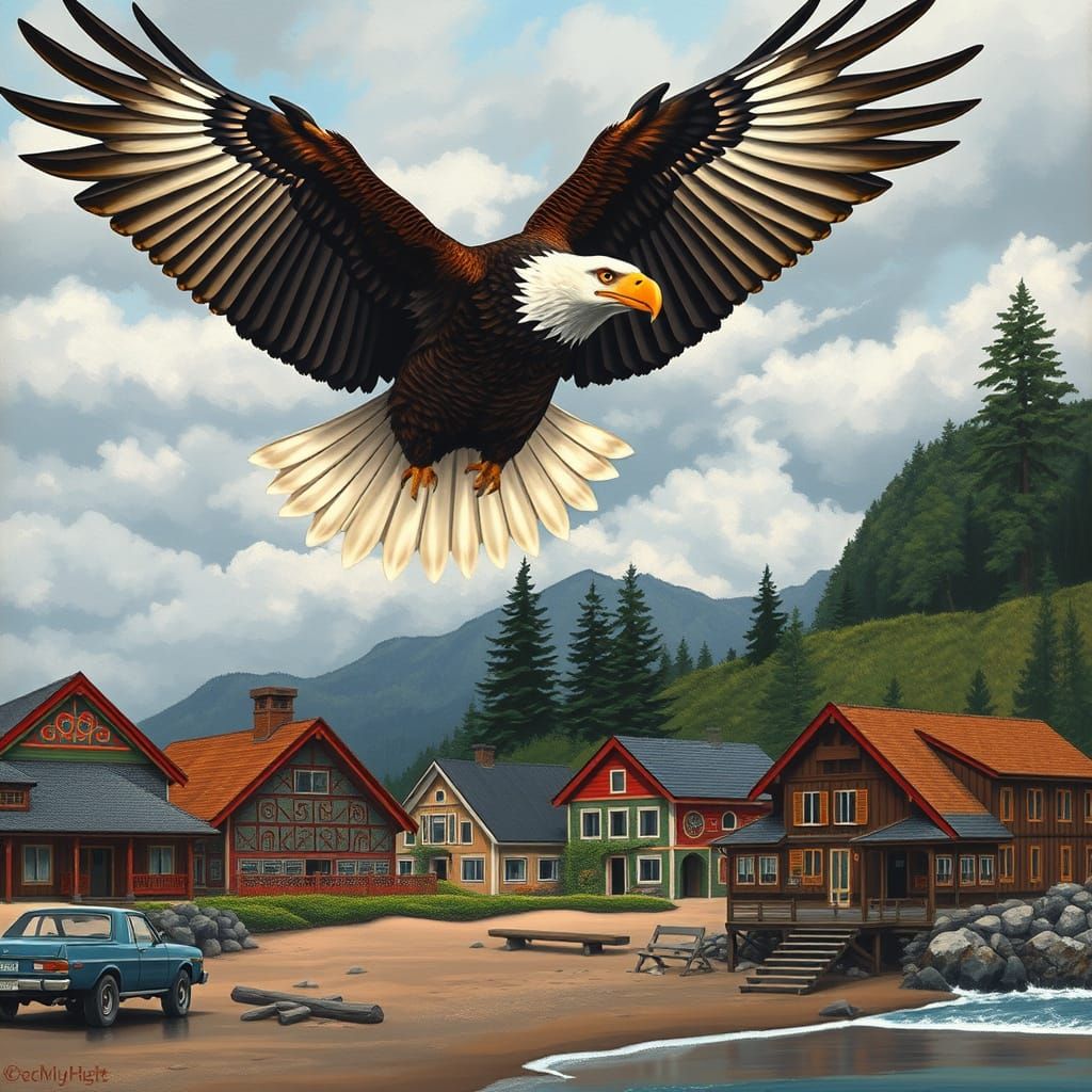 Eagle Soaring Above Coastal Haida Village