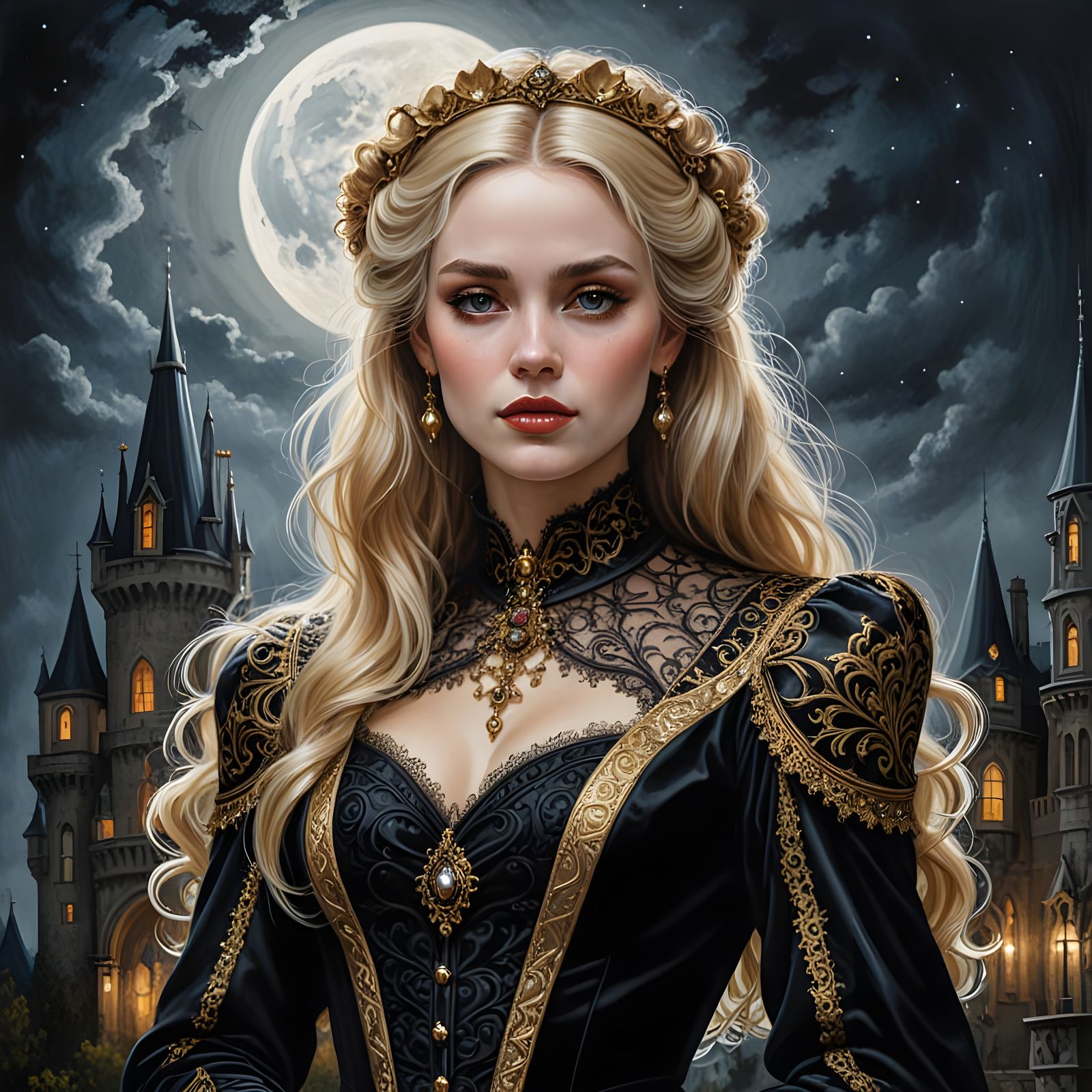 Elegant Victorian Lady Illuminated by Full Moonlight