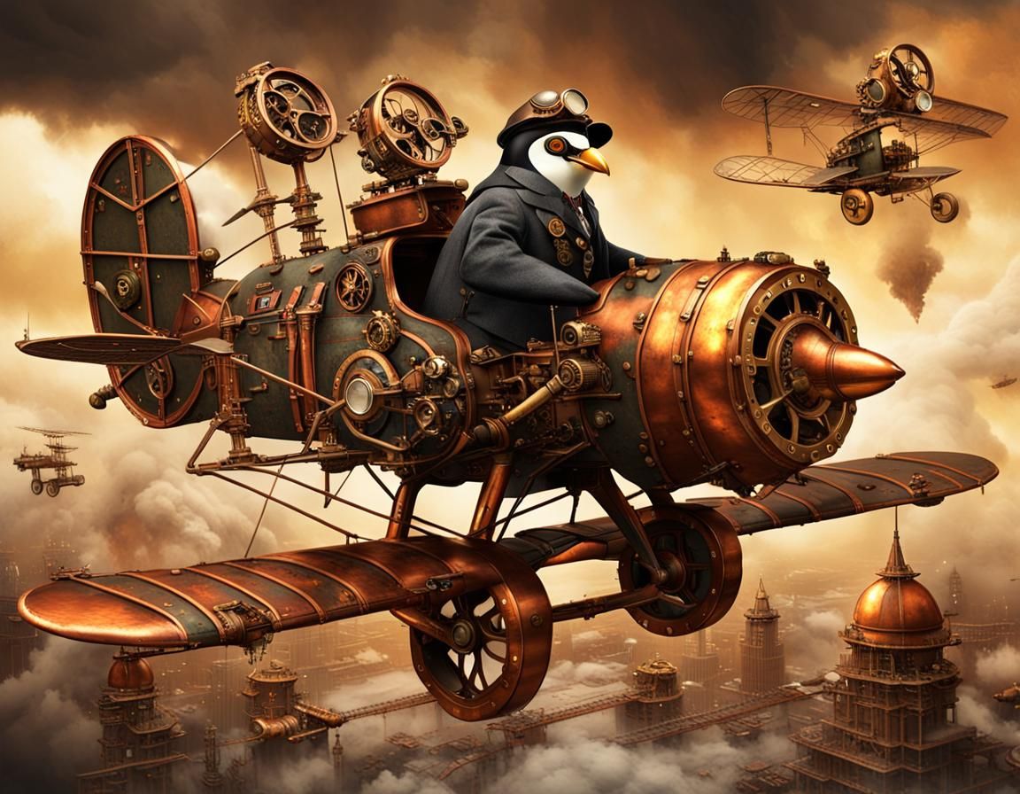 Steampunk Penguin Ace in WWI Dogfight